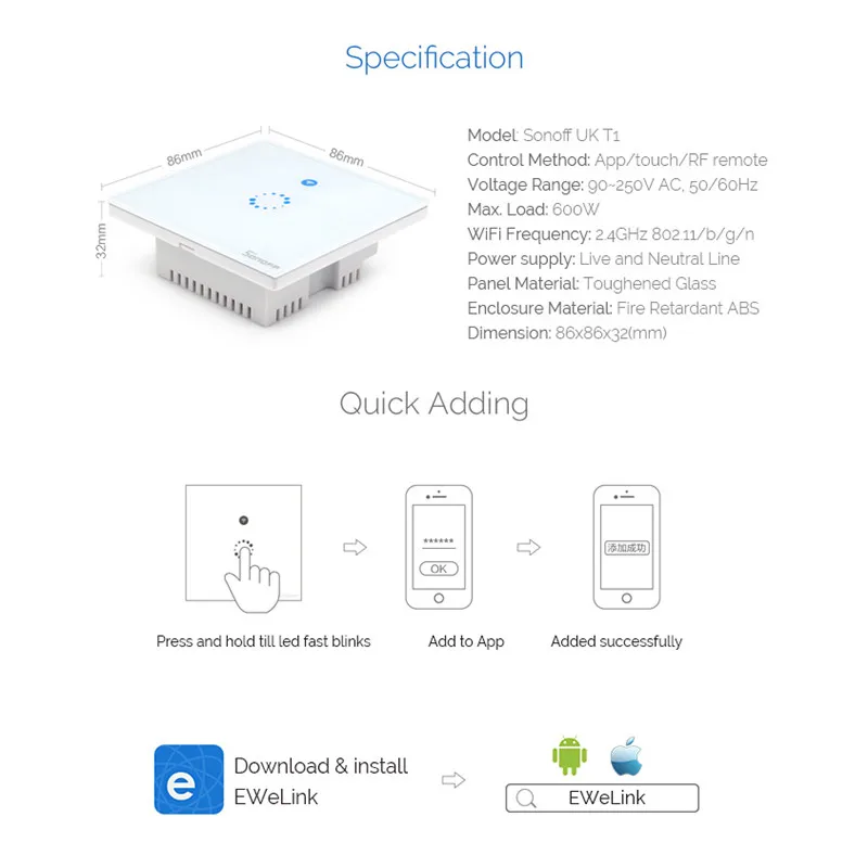 Интеллектуальный выключатель света Sonoff T1 US/EU Wi-Fi RF/APP/сенсорный экран Управление настенный светильник Переключатель 1/2/3 банда 86 Тип Панель настенный сенсорный светильник переключатель умный дом пульт дистанционного управления