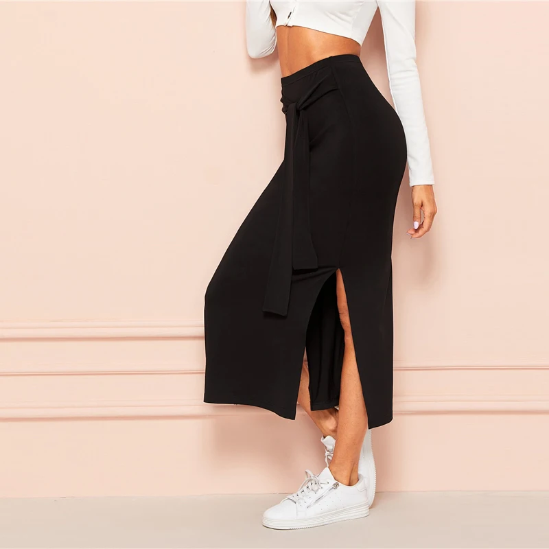 SHEIN Tie Waist Split Side Solid Skirt Black Full Length Knot Spring Autumn Shift High Waist Straight Sexy Skirt