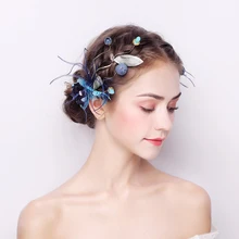 Винтажные заколки для волос с синим цветком, Искусственное перо, головной убор принцессы для девочек, заколки для торжеств, Ретро стиль, ручная работа, цветочный головной венок