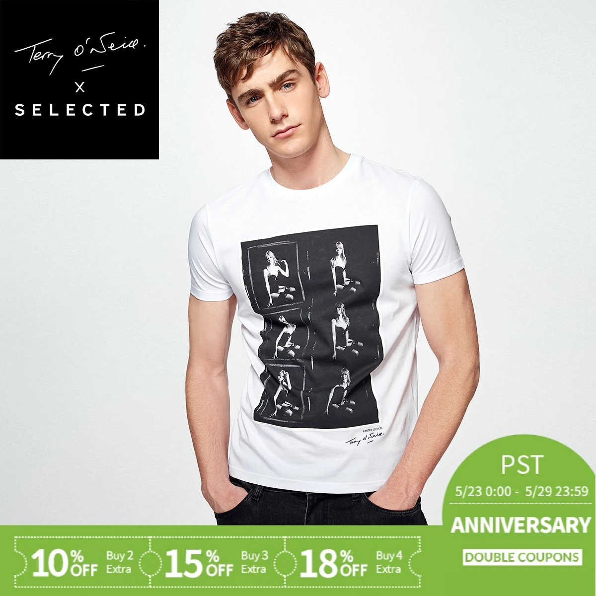 

SELECTED mercerized cotton brand collaboration portrait men's short-sleeved T-shirt L|4182T4579
