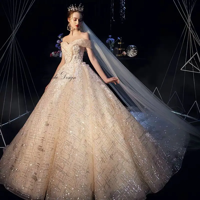 

Amanda Design suknie slubne Off Shoulder Beading Shiny Champagne Wedding Dress