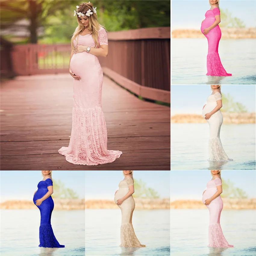 

2019 Women Pregnants Sexy Photography Props Off Shoulders Or V-Neck Lace Long Dress Art Photo Dress #40