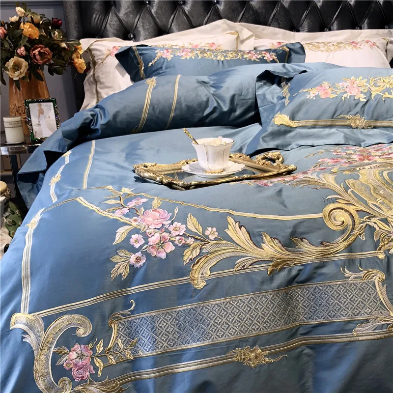 Excellent Champagne Blue White Luxury Royal Embroidery 100S Egyptian Cotton Palace Bedding Set Duvet Cover Bed sheet/Linen Pillowcases 48