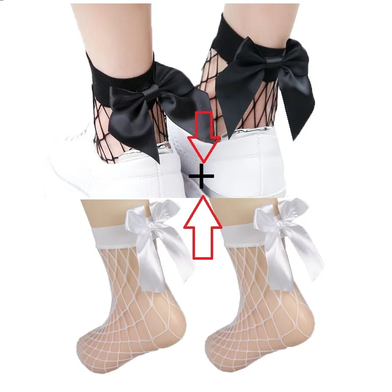 2 Pairs Chic Women's Harajuku Breathable White Bow knot Fishnet Socks.Sexy Hollow out Mesh Nets Socks Ladies Girl's Lolita Style Bow Sox10