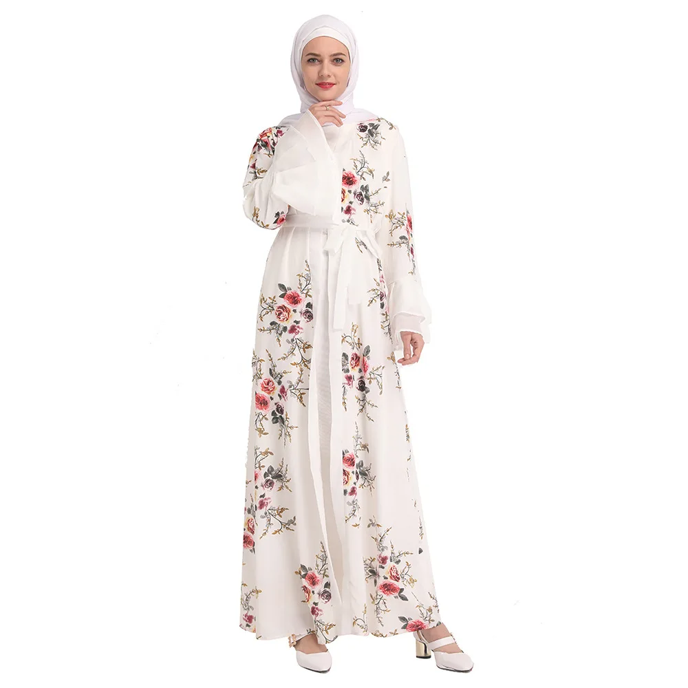 

Abayas Women 2019 New Islamic Clothing Flowers Print Bandage Hijab Dresses Maxi Muslim Dress Bangladesh Kaftan Dubai Turkey Robe