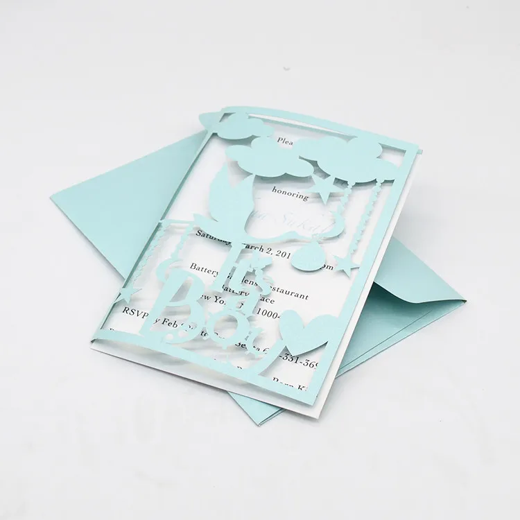 

Light blue laser cut boy invitation card with printed insert and envelope