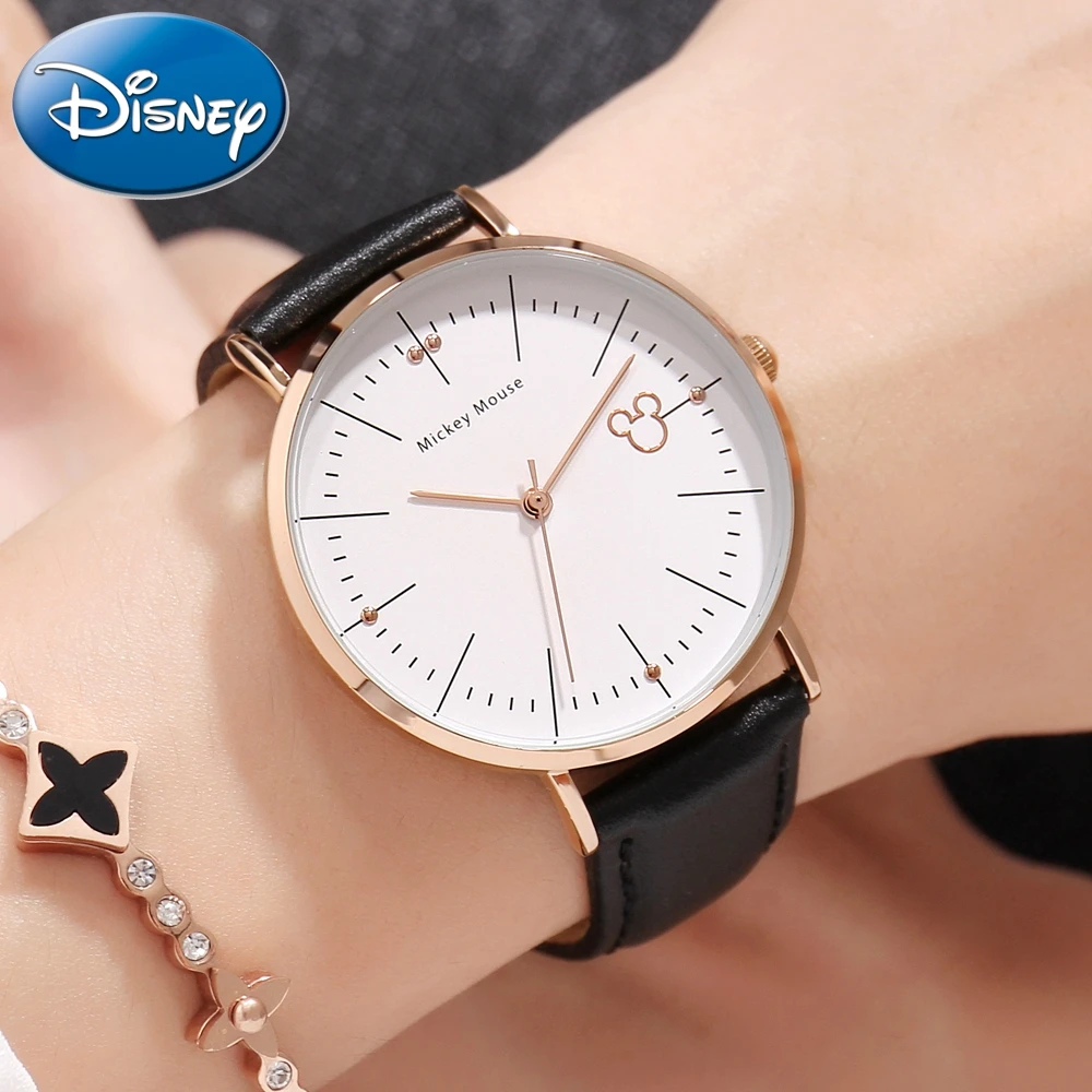 Disney Untrathin Women Leather Round Quartz Waterproof Watches Ladies