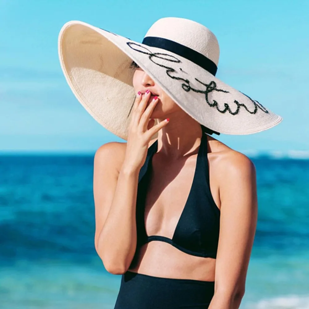 Женская летняя соломенная широкополая шляпа от солнца, лента вокруг блестящих пайеток, надписей, с вышивкой, очень большая, с широкими полями, Панама, кепка, пляжная одежда