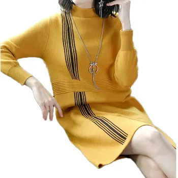 

Autumn new women's fashion dresses round collar stripe splicing loose long sleeve wool knitting dress casual knitwear vestido