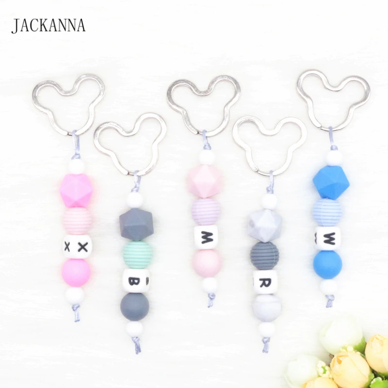 

Baby Teether Chain with Metal Key Ring, Custom Name Silicone Beads Infant Key Chain, Mum/Dad Accessories for Baby BPA Free