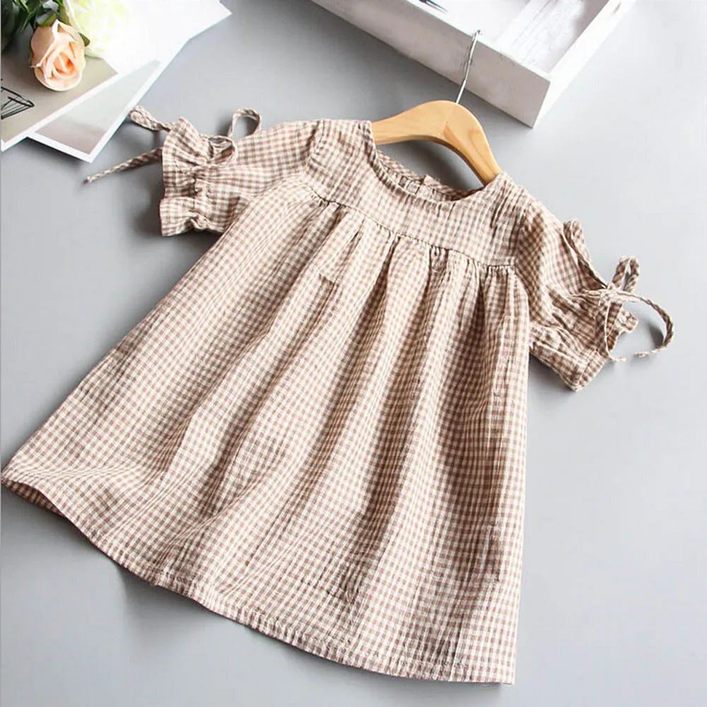 

Newborn Baby Clothes Girls Khaki Round Collar Plaid Cuffs Bow Tie Kinderkleding Meisjes Cocuk Giyim