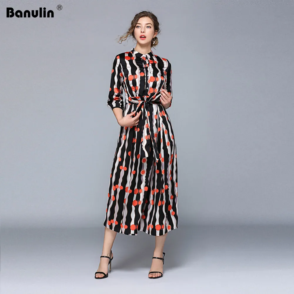 

2019 Women Summer Black Red Shirt Dress Polka Dots Printed & Stripes Long Sleeve Female Casual Midi Runway Dress Plus size
