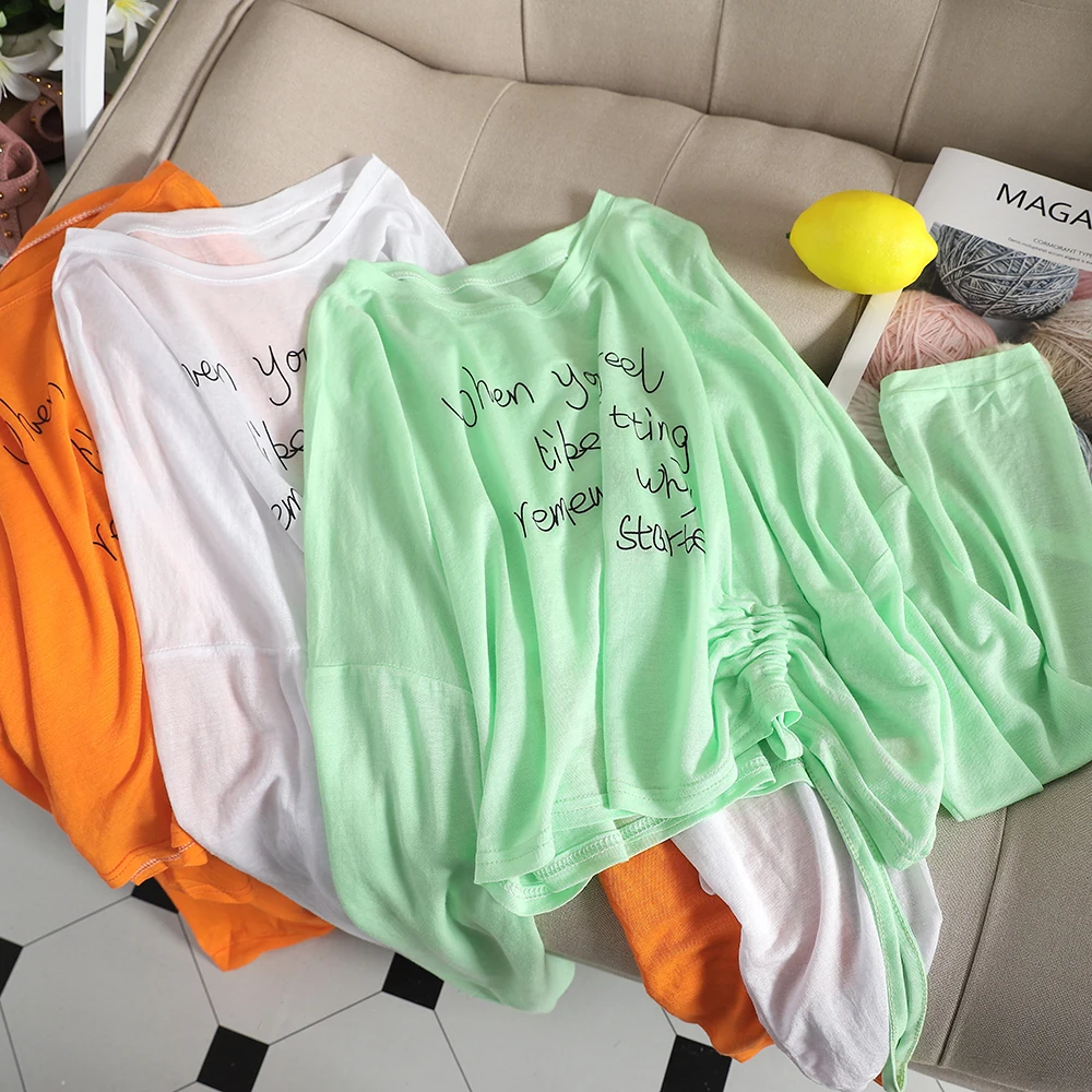 

SKOONHEID Autumn Women Long Sleeves Print T-shirt Casual Drawstring Sunscreen Basic Neon Tops Harajuku Oversized Letter t shirt
