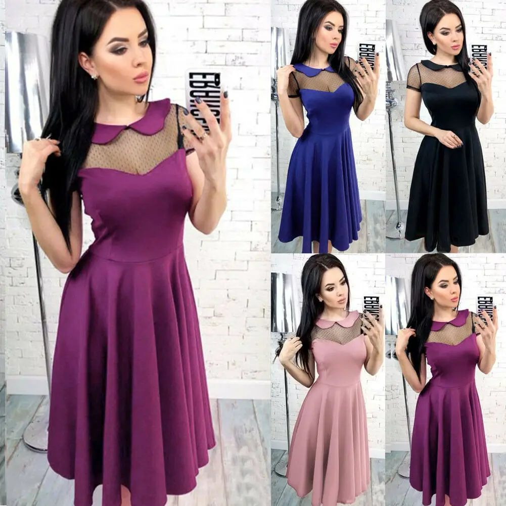 

Fashion Women Elegant Dress Splicing Mesh Cap Sleeve A-Line Dress Hollow Out Skater Midi Dress Clubwear Party