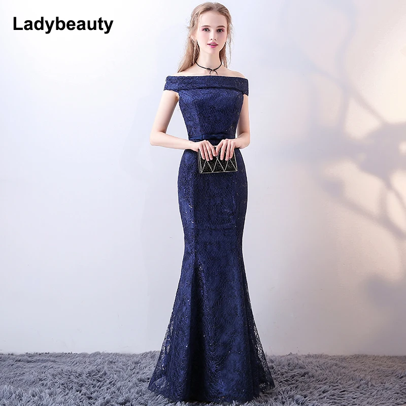 

Robe De Soiree 2018 Navy Blue Lace Mermaid Evening Dress Bride Slim Sexy Boat Neck Floor-length Mermaid Party Prom Dress