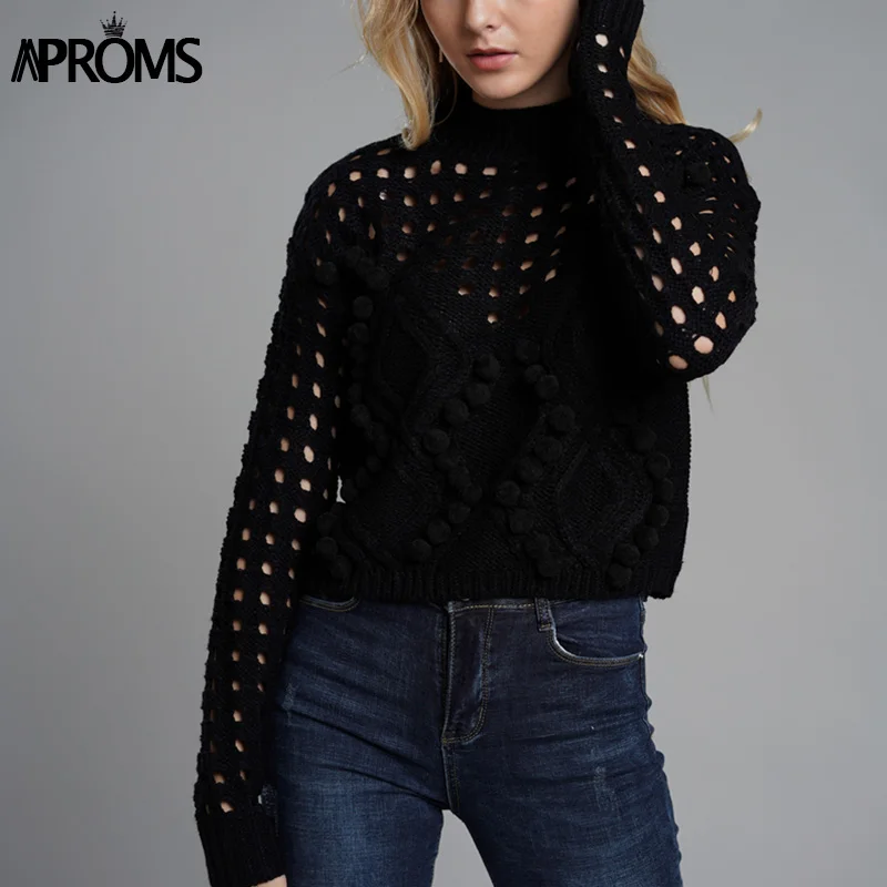 Продажа Aproms элегантный вязаный свитер с высоким воротом и помпоном, женский укороченный свитер с длинным рукавом, осенний зимний короткий тонкий пу...