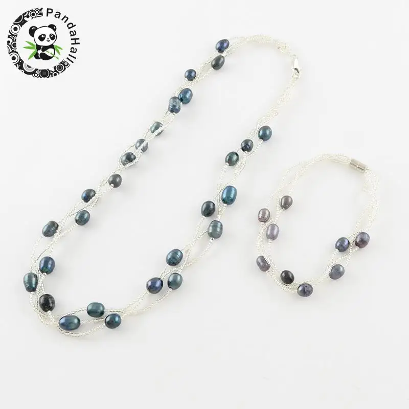 

1Set pearl jewelry set bracelets and necklaces, with seedbeads and brass magnetic clasps and lobster claw clasps
