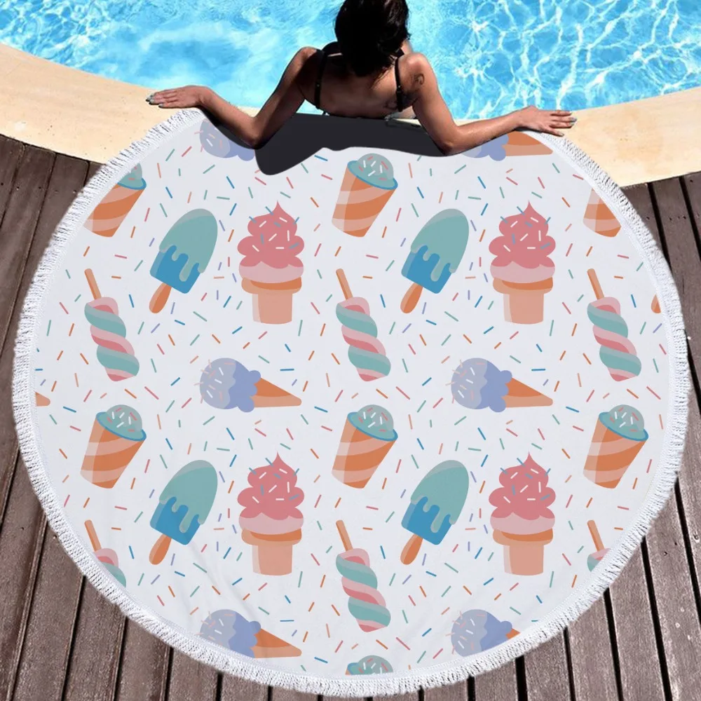 

Donut Macaron Printed 150cm Giant Tassel Beach Blanket INS Candy Color Cloth Picnic Camping Mat Round Sandbeach Towel Pad Shawl