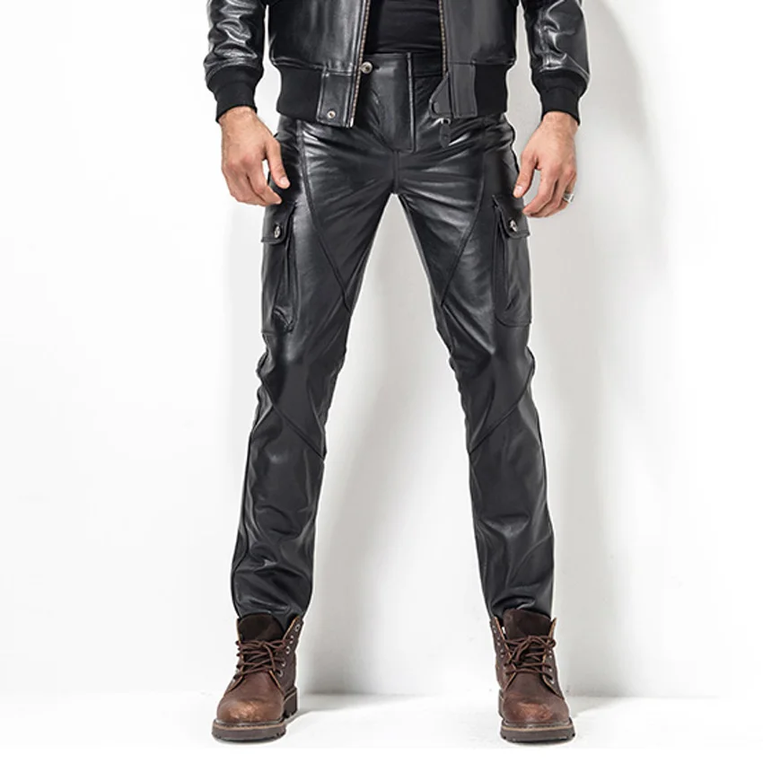 Men's Leather Pant Biker Pants Motorcycle Punk Rock Pants man's classic pocket leather pants leather trousers leatherpants  TJ06