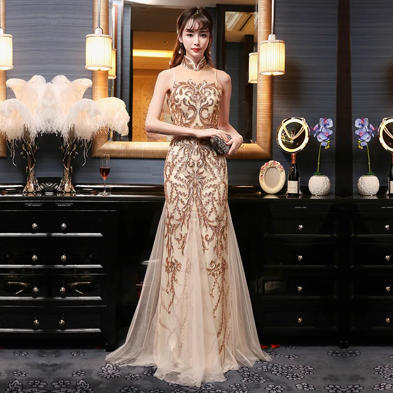 Современные китайские свадебные Cheongsam Вышивка Золотая проволока новое длинное китайское вечернее платье сексуальное Qipao вечерние платья - Цвет: Golden