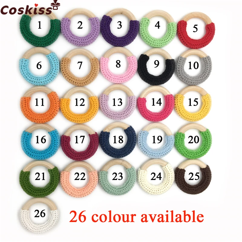 

26pcs 5cm(1.97'')Wood Teether Baby Teething Toy Natural Maple Cotton Wooden Ring Charms Chunky Crochet Ring Baby Teether