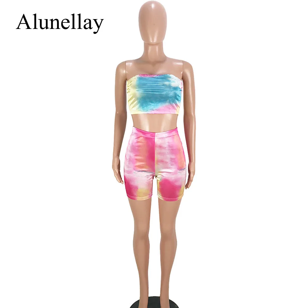 Alunellay Women Sexy 2 Piece Sets Strapless Playsuit Gradient Rainbow Color Bodycon Jumpsuit Women Backless Sleeveless Playsuit