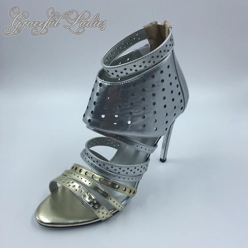 

Silver and Gold Short Boots Women Sandals Hollow Out Back Zipper Open Toe High Heel Stilettos Plus Size Fold Ankle Boots