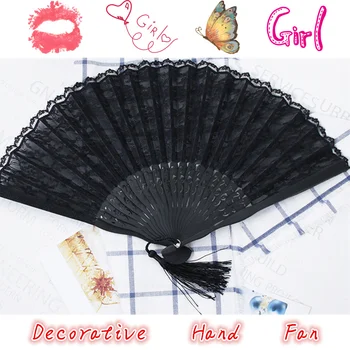 

1PC Chinese Style Fancy Decorative Hand Fan Black Bamboo Lace Retro Women Folding Fan for Wedding Party Gift