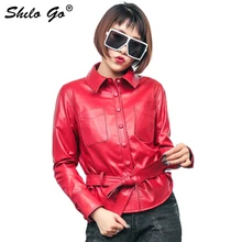 Шило GO кожаная куртка Женская Весенняя мода овчины Натуральная кожа пальто с лацканами однобортный бант ремень передний карман куртка