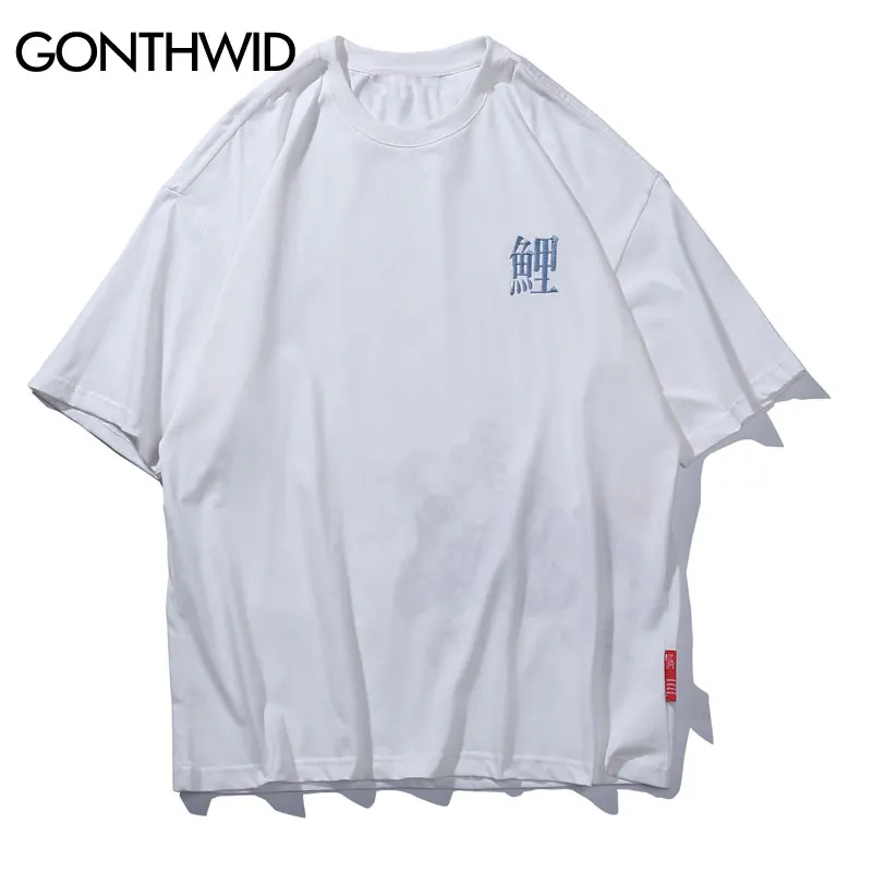 GONTHWID вышивка японский кои Карп рыбы футболки для мужчин Harajuku Лето Хип Хоп футболки хип хоп мужские повседневные хлопковые футболки