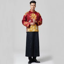 Дракон элемент мужской Тан костюмы китайский свадебный халат Жених Китайский традиционный свадебный костюм мантия жениха куртка+ халат