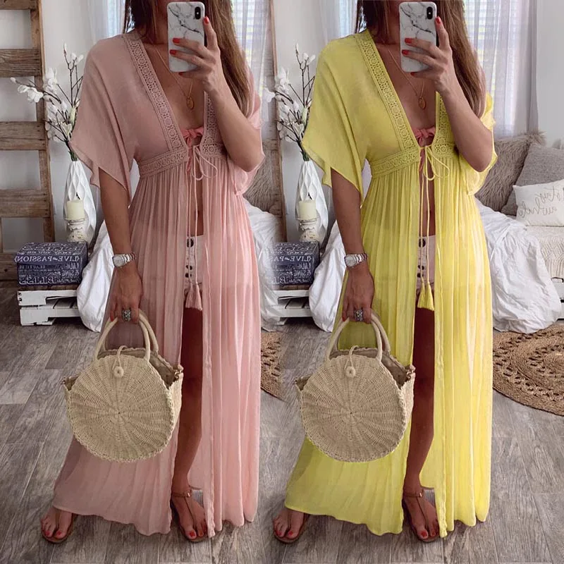 Boho женский кружевной кардиган кимоно с длинным рукавом праздничное пляжное