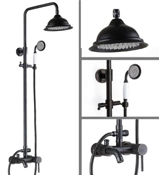 

Black Oil Rubbed Brass Single Handle Bathroom 8 Inch Round Rain Shower Faucet Set Bath Tub Mixer Tap Hand Shower mrs324