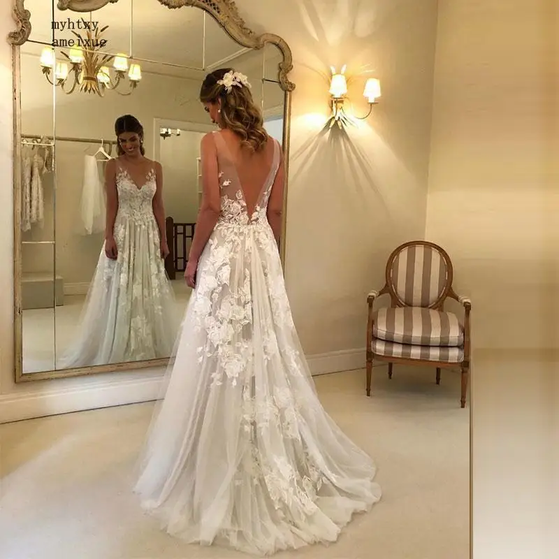 

Sexy Wedding Dresses 2019 Long V Neck Party Gowns Back Deep Appliques Vestido De Noiva Novia Fotos Reales Luxury Boho Beach