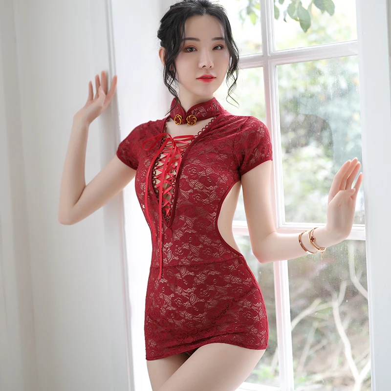

Open Back Cheongsam Lace Sexy Dress Erotic Sleepwear Nightgowns Woman Seductive Baby Doll Lingerie Nightwear