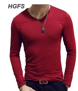 Осенние мужские повседневные футболки Off White однотонная брендовая одежда с круглым вырезом и длинным рукавом мужские тонкие футболки одежда топы футболки размера плюс - Цвет: 7 wine red V neck