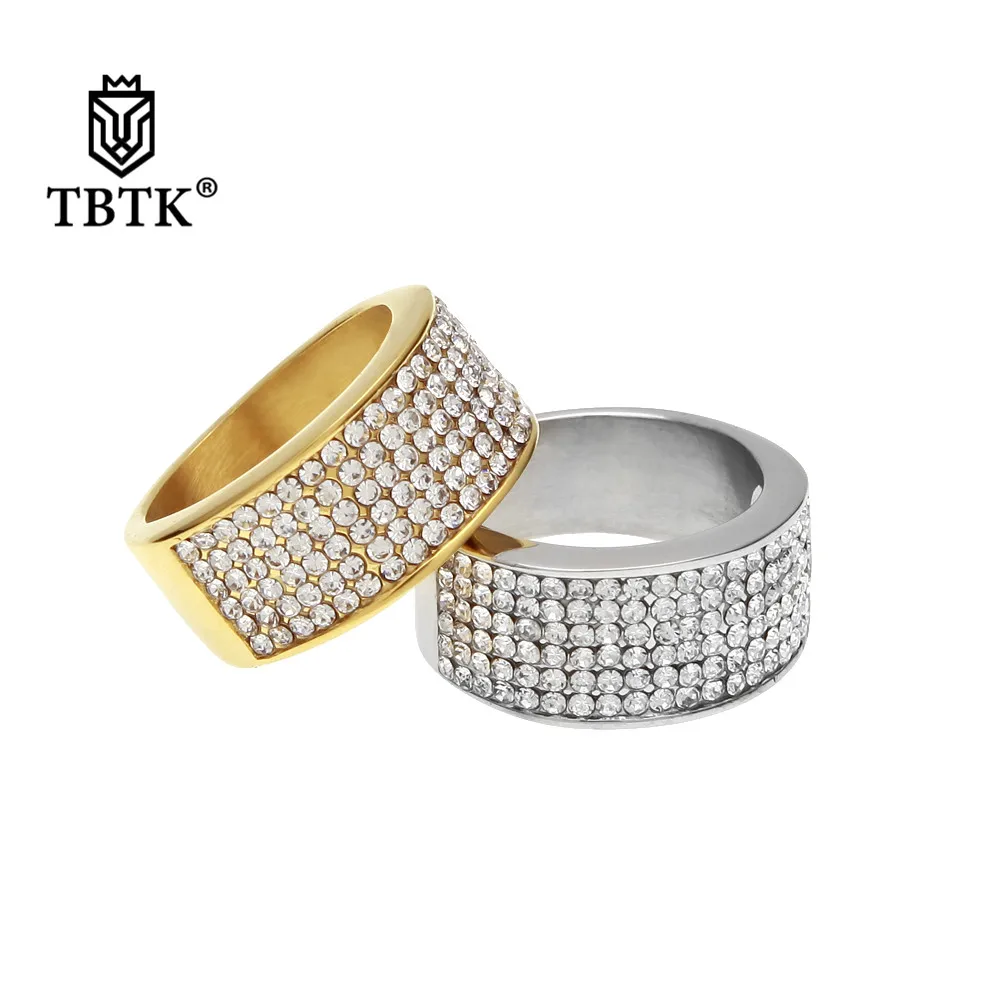 cheap TBTK 10mm Width Ring Hiphop Punk Style Fashion Ring Tension Micro inlaid Bling Beautiful Rhinestone Crystal Gold Ring for Man
