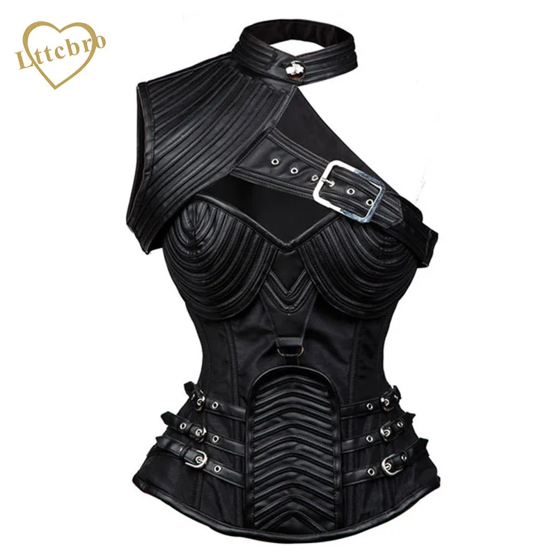 Black Faux Synthetic Leather Over bust Corset Lace up Back Steel Bones Collared