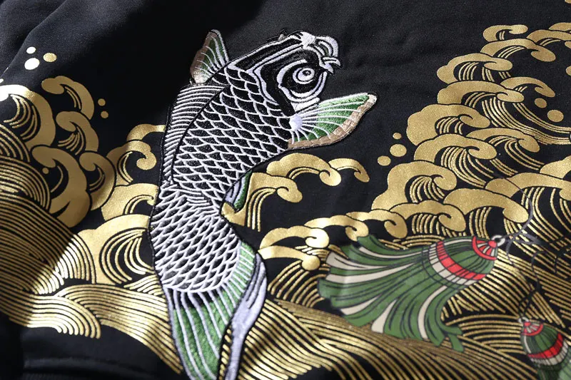 Embroidery Carp Fish Waves Printed Hoodies 9
