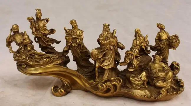

S3223 12" Chinese Bronze 8 Eight immortal God Cross Sea Arhat Belle Buddha Fan Statue