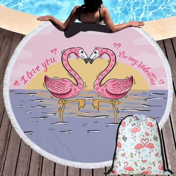 

Thick 150cm Summer Round Beach Towels Flamingo With Tassels Shawl Swimming Yoga Mats Wall Tapestry With Drawstring Backpack Bag