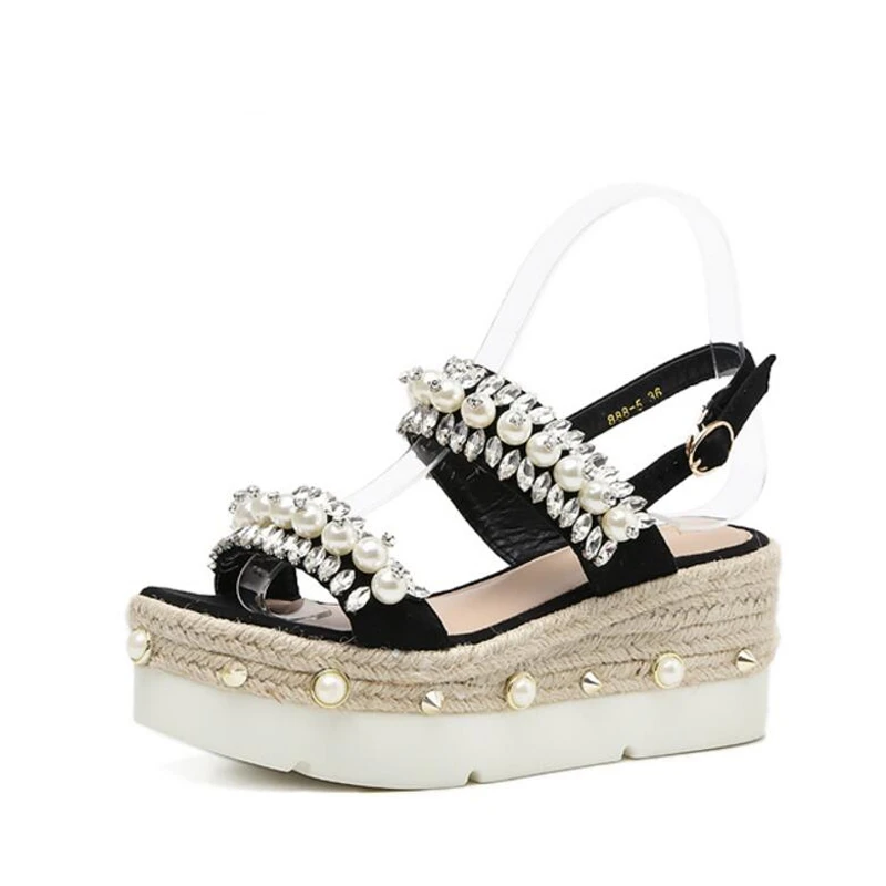 

Sandals Women/Girls Sweet Pink Beach Sandals Platform Wedges Crystal Shoes Summer Gladiator Sandales Straw Flip Flops