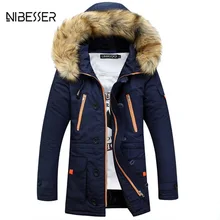NIBESSER/зима-осень, утепленная парка с большим меховым воротником, мужская куртка с длинным рукавом, на молнии, с капюшоном, модная куртка, большие размеры