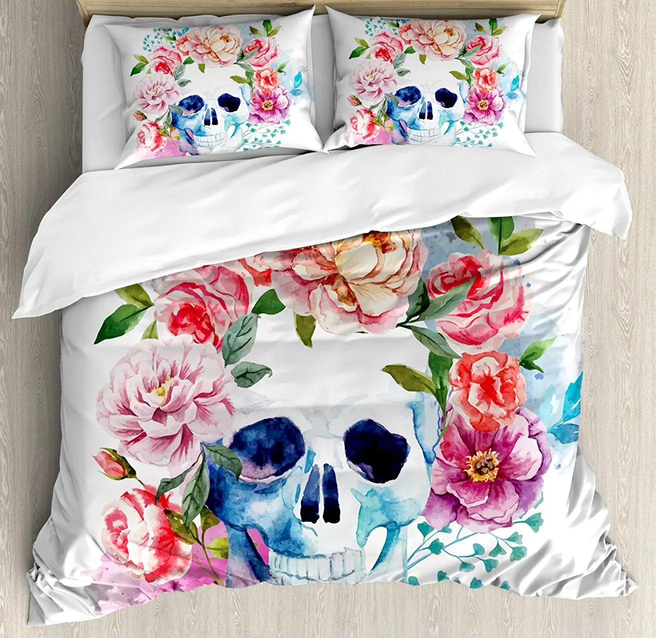

Duvet Cover Set , Funny Skull with Colorful Floral Head Victorian Style Dead Skeleton Graphic Art Print, 4 Piece Bedding Set