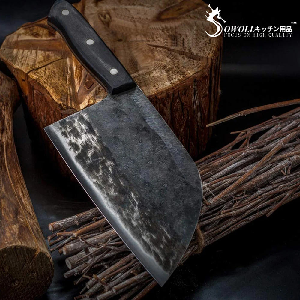 

SOWOLL Butcher Knife High Carbon Clad Steel Chop Knife Handmade Forged Kitchen Knives With Full Tang Handle Cooking Chef's Knife