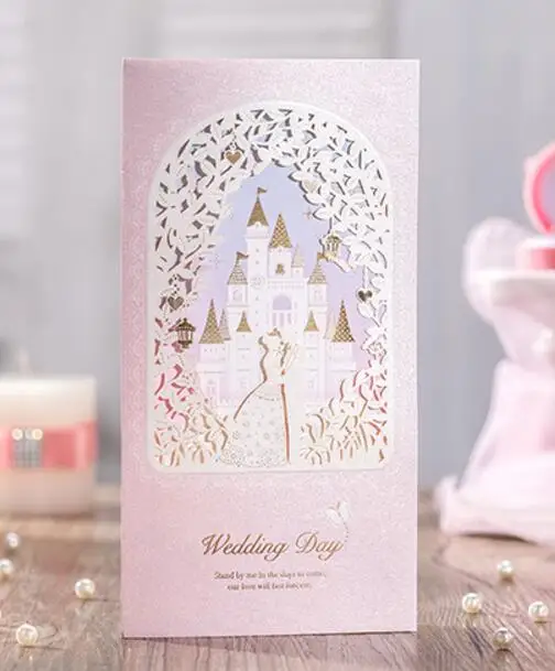 romantic castle and carriage wedding invitation cards pink
