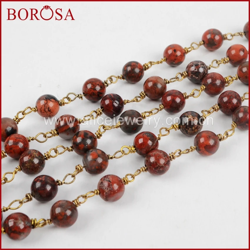 

BOROSA New Gold Color 8mm Round Flame Jaspers Beads Wire Wrapped Rosary Chain Beaded Chains Beads Chains for Druzy Jewelry JT122