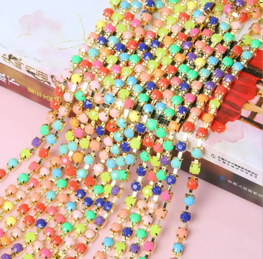 

New 10 Meters 5mm Colorful Jelly Rhinestone Seting Gold Plated Claw Ribbon Trim chain Sewing Wedding Dress Diy Craft