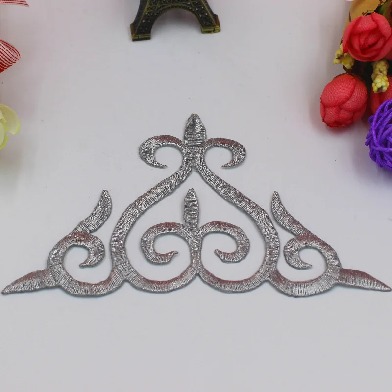 

YACKALASI 5 Pcs/Lot Iron On Silver Cosplay Appliqued Lace Costume Embroidered Trims Gold and Silver Flower Patches 14.5*8.5cm