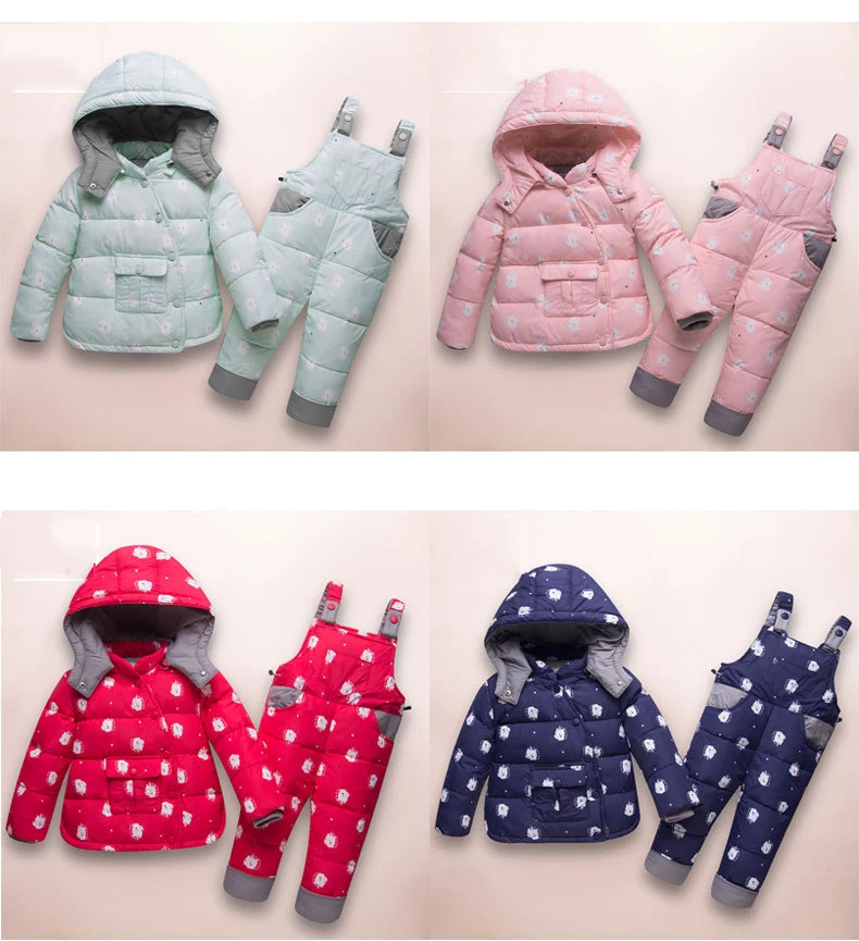 Ветрозащитные водонепроницаемые зимние костюмы для детей, толстовки с капюшоном для маленьких мальчиков и девочек пуховое пальто+ комбинезон, детский зимний комбинезон, плотная теплая верхняя одежда